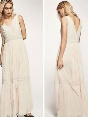 Massimo Dutti Cream Pleated V-Neck Maxi Dress